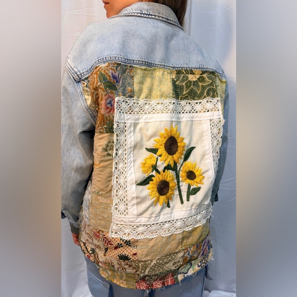 wild fable Jackets & Blazers - UPCYCLED Patchwork, hand embroidered Denim Jacket with Sunflower Design